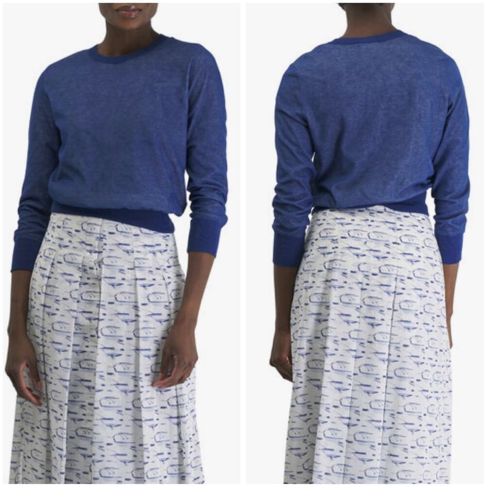 AKRIS Denim Blue Semi-Sheer Knit Designer Luxury Crew Neck Rib Trim Sweater US14